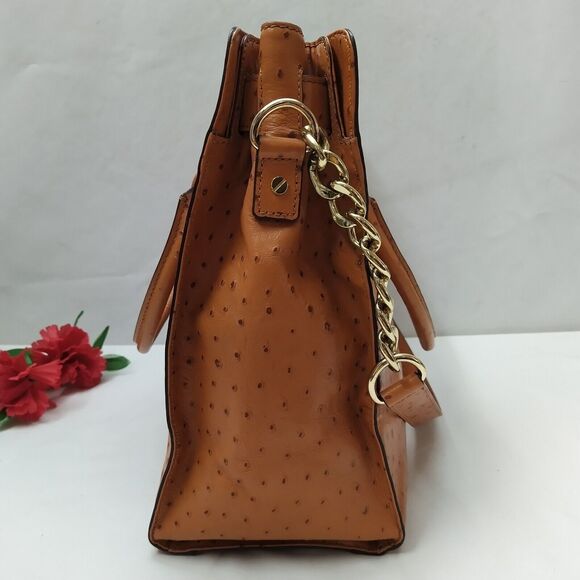 Michael Kors Hamilton Brown Leather Ostridge Embossed Lock Satchel Shoulder Bag - Picture 4 of 16